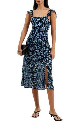 French Connection Bette Floral Satin Burnout Dress in Navy Multi