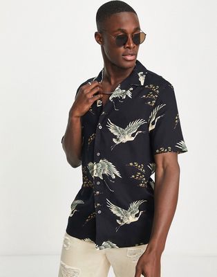 French Connection bird print camp collar collar shirt in navy