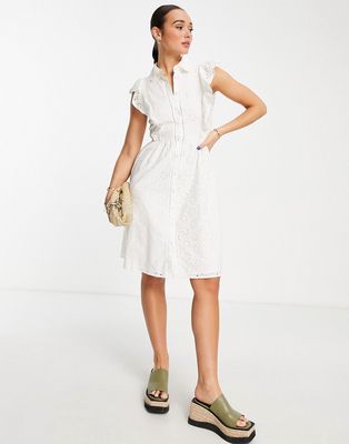 French Connection broderie midi shirt dress-White