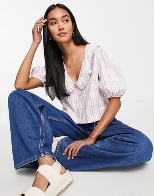 French Connection button front blouse with collar in pink check