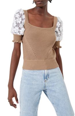 French Connection Caballo Puff Sleeve Sweater in Camel/White
