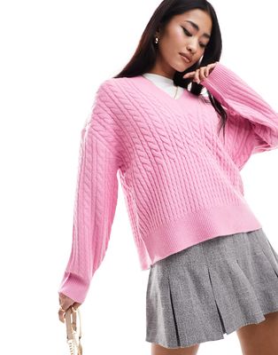 French Connection cable knit v neck sweater in light pink