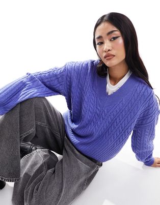 French Connection cable knit v neck sweater in purple