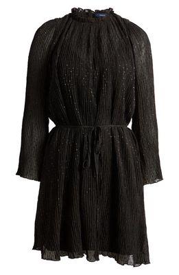 French Connection Callie Embellished Plissé Long Sleeve Dress in Blackout