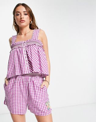 French Connection cotton square neck smock top in purple gingham - part of a set - PURPLE
