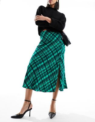 French Connection Dani plaid midi skirt in dark green