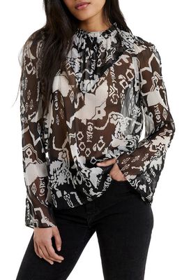 French Connection Deon Hallie Long Sleeve Popover Recycled Polyester Top in 01-Black-Cream