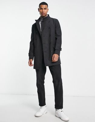 French Connection double breasted funnel neck coat in charcoal-Gray