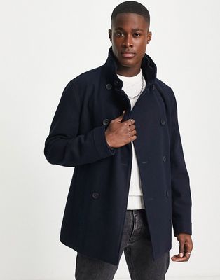 French Connection double breasted funnel neck coat in navy