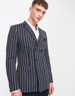 French Connection double breasted pinstripe linen blazer-Navy