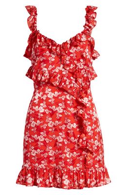 French Connection Elianna Floral Ruffle Dress in True Red Raspberry