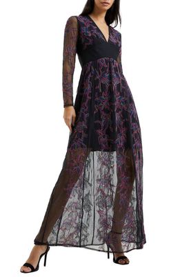 French Connection Emilia Embroidered Long Sleeve Maxi Dress in Blackout