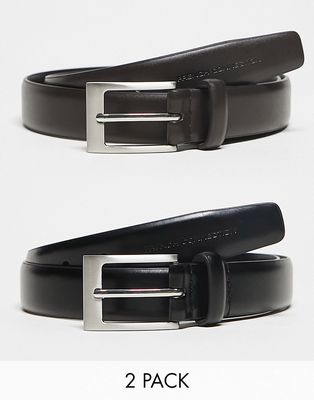 French Connection essential leather 2 pack belt in Black and brown with brushed buckle-Multi