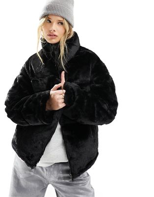 French Connection faux fur funnel neck jacket in black