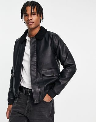French Connection faux leather flight jacket with borg collar in black-Brown