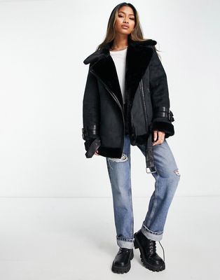 French Connection faux shearling aviator jacket in black