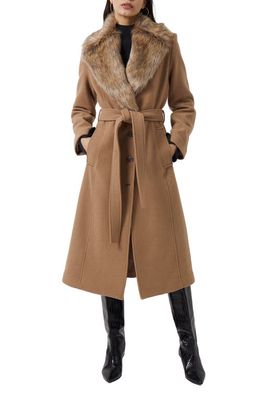 French Connection Favan Belted Wool Blend Coat with Faux Fur Collar in Camel