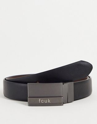 French Connection FCUK leather reversible plaque buckle belt in black/brown