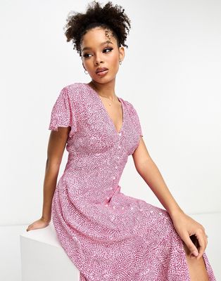 French Connection flutter sleeve button down midi dress in pink spot
