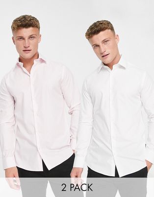 French Connection formal 2 pack shirts in white and light pink