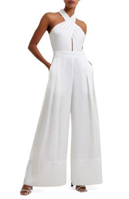 French Connection Harlow Crossover Satin Recycled Polyester Jumpsuit in 10-Summer White