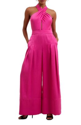 French Connection Harlow Crossover Satin Recycled Polyester Jumpsuit in Very Berry