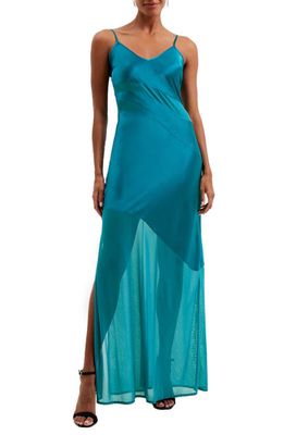 French Connection Inu Satin & Mesh Slipdress in Ocean Depths