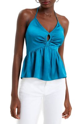 French Connection Inu Satin Cutout Halter Top in 40-Ocean Depths