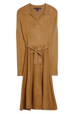 French Connection Judith Tie Waist Long Sleeve A-Line Dress in 20-Camel