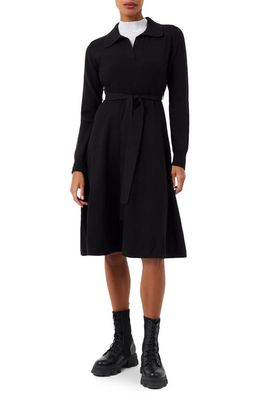 French Connection Judith Tie Waist Long Sleeve A-Line Dress in Black