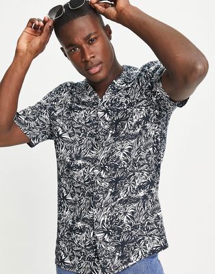 French Connection leaf print revere collar shirt in navy