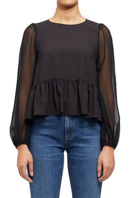 French Connection Light Long Sleeve Crepe Georgette Peplum Blouse in 01-Black