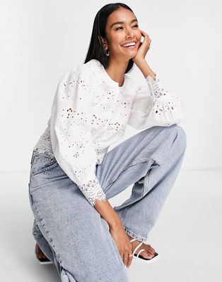 French Connection long sleeve blouse in delicate broderie-White