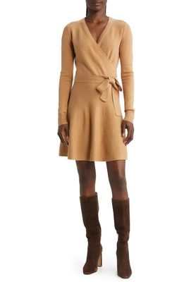 French Connection Long Sleeve Faux Wrap Sweater Dress in Camel Melange