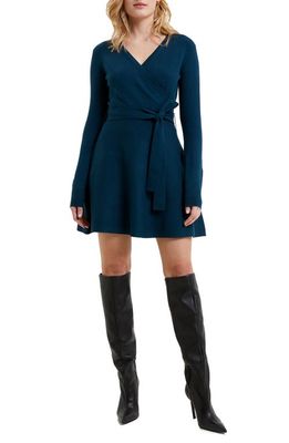 French Connection Long Sleeve Faux Wrap Sweater Dress in Deep Teal