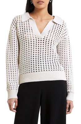 French Connection Manda Open Stitch Polo Sweater in Oatmeal Melange