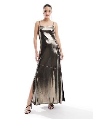 French Connection metallic maxi slip dress with split in gold lame'