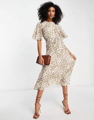 French Connection midi tea dress in animal print-Neutral