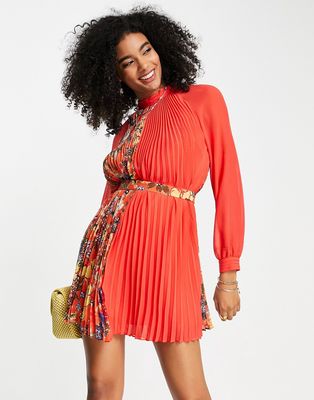French Connection mini shift pleated dress in contrast print-Red