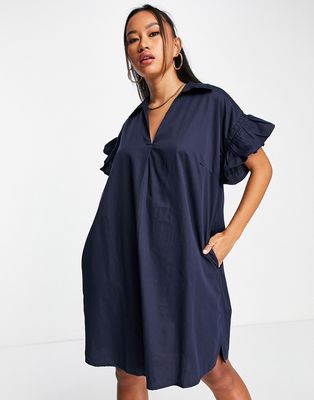 French Connection mini shirt dress with flutter sleeve in navy