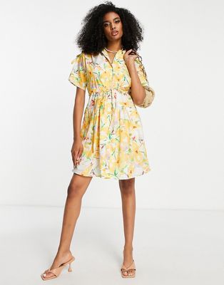 French Connection mini shirt dress with tie waist in yellow floral