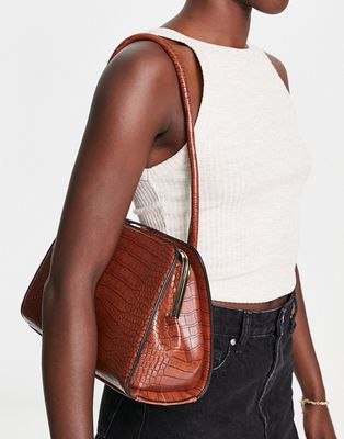 French Connection moc croc shoulder bag in dark tan-Brown