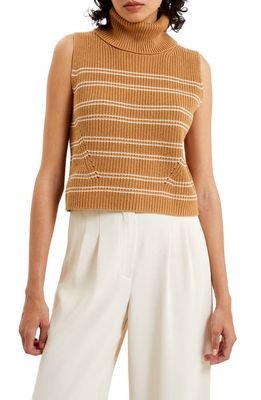 French Connection Mozart Stripe Sleeveless Cotton Turtleneck Sweater in Camel/Clas