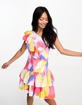 French Connection one shoulder mini ruffle dress in multicolor paint splash