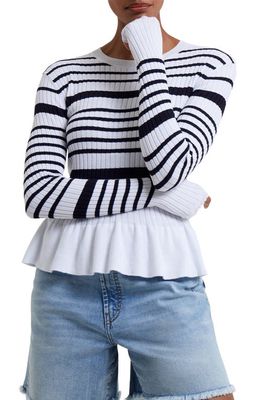 French Connection Onna Breton Stripe Cotton Peplum Crewneck Sweater in Summer White-Marine