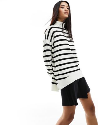French Connection oversized striped funnel neck sweater in black and white-Multi