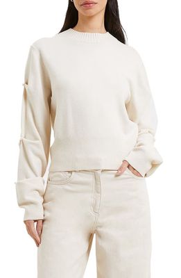 French Connection Pearly Sleeve Crewneck Sweater in Classic Cream