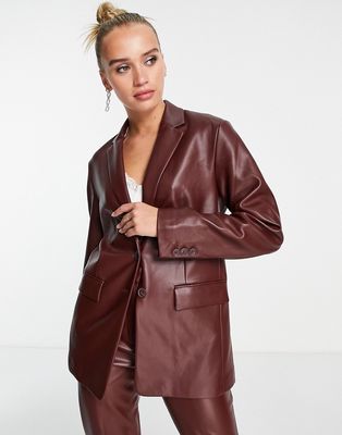 French Connection relaxed blazer in chocolate PU - part of a set-Brown