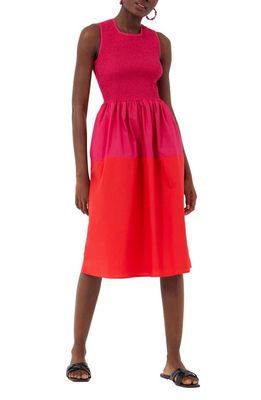 French Connection Rhodes Colorblock Smocked Poplin Dress in Magenta Haze/Shanghai Red