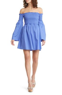 French Connection Rhodes Off the Shoulder Long Sleeve Cotton Poplin Dress in Baja Blue